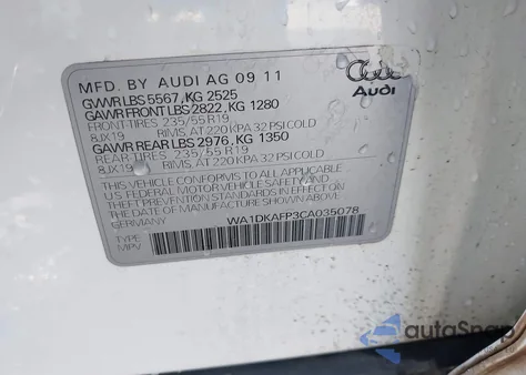 2012 Audi Q5 3.2 Premium Plus из США, поврежденный, VIN WA1DKAFP3CA035078